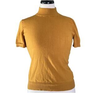 Elie Tahari Women's Sweater Top SM Fitted Mockneck Short Sleeve Mustard Yellow